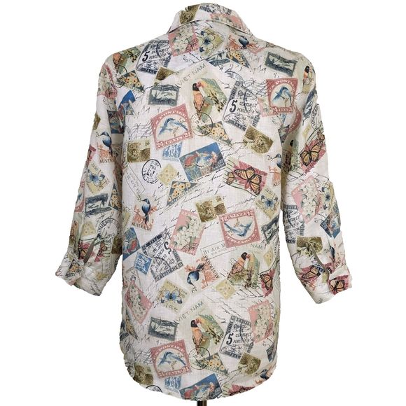 Chicos No Iron 100% Linen Size 1 (8/10) Travel Stamp Button Front Shirt - Picture 4 of 8